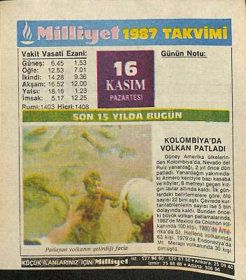 16 Kasım 1987 Takvim Yaprağı - Doğum Günü Hediyesi EFM(N)11945 - 1