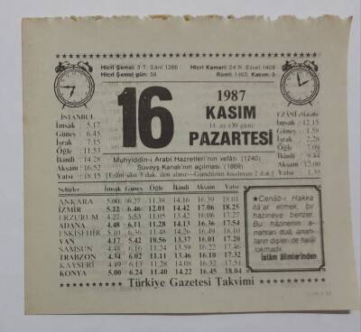 16 Kasım 1987 Takvim Yaprağı - Doğum Günü Hediyesi EFM(N)7155 - 1