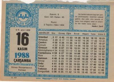 16 Kasım 1988 Takvim Yaprağı EFM(N)3446 - 3