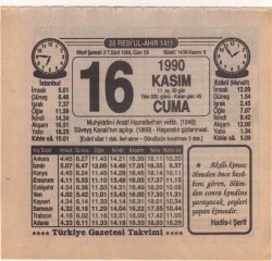 16 Kasım 1990 Takvim Yaprağı EFM(N)3930 - 3