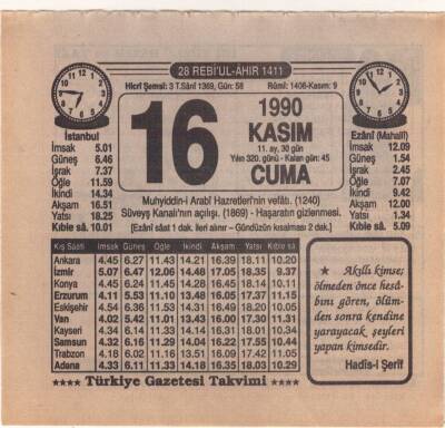 16 Kasım 1990 Takvim Yaprağı EFM(N)3930 - 3