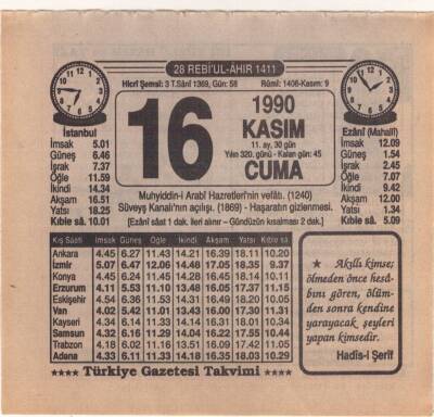 16 Kasım 1990 Takvim Yaprağı EFM(N)3930 - 1