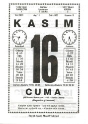 16 Kasım 2001 Takvim Yaprağı Doğum Günü Hediyesi EFM(N)4009 - 3