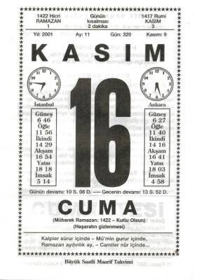 16 Kasım 2001 Takvim Yaprağı Doğum Günü Hediyesi EFM(N)4009 - 1