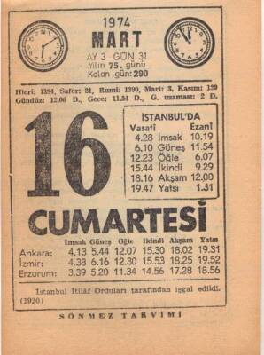 16 Mart 1974 Takvim Yaprağı EFM(N)5895 - 3