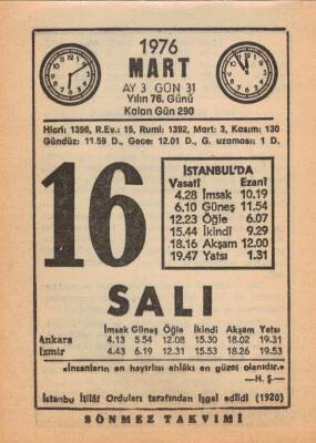 16 Mart 1976 Takvim Yaprağı EFM(N)5957 - 3