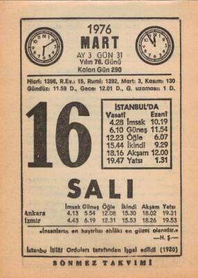 16 Mart 1976 Takvim Yaprağı EFM(N)5957 - 1