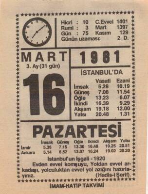 16 Mart 1981 Takvim Yaprağı EFM(N)6018 - 3