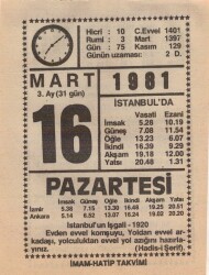 16 Mart 1981 Takvim Yaprağı EFM(N)6018 - 2