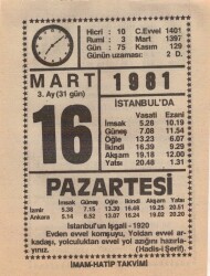 16 Mart 1981 Takvim Yaprağı EFM(N)6018 - 1