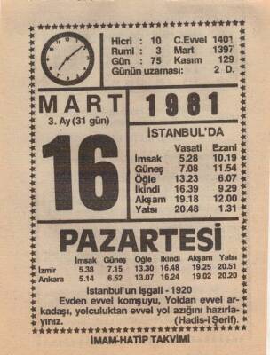 16 Mart 1981 Takvim Yaprağı EFM(N)6018 - 1