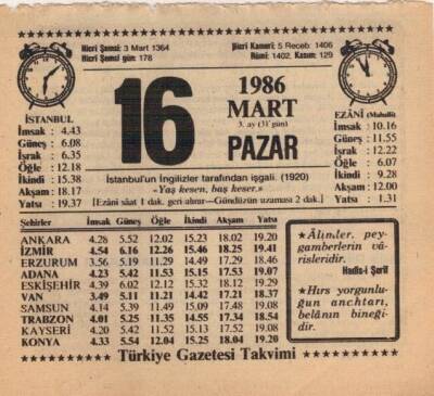 16 Mart 1986 Takvim Yaprağı EFM(N)5926 - 3