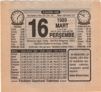 16 Mart 1989 Takvim Yaprağı EFM(N)5864 - 3