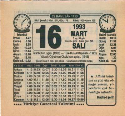 16 Mart 1993 Takvim Yaprağı EFM(N)6048 - 3