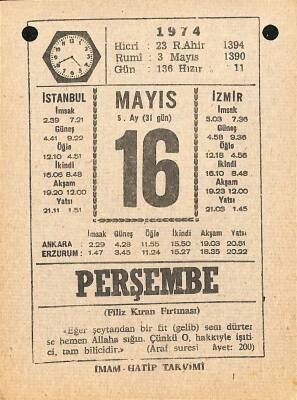 16 Mayıs 1974 Takvim Yaprağı - Doğum Günü Hediyesi EFM(N)12330 - 1