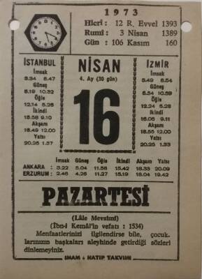 16 Nisan 1973 Takvim Yaprağı - Doğum Günü Hediyesi EFM(N)8113 - 2