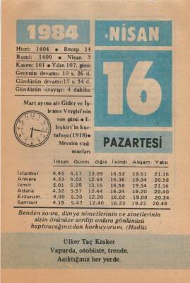 16 Nisan 1984 Takvim Yaprağı EFM(N)6195 - 1