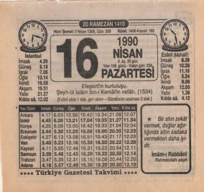 16 Nisan 1990 Takvim Yaprağı EFM(N)6169 - 1