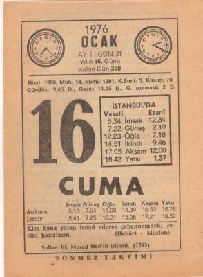 16 Ocak 1976 Takvim Yaprağı EFM(N)4817 - 1