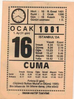 16 Ocak 1981 Takvim Yaprağı EFM(N)4662 - 1