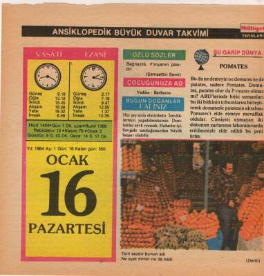 16 Ocak 1984 Takvim Yaprağı EFM(N)4631 - 1