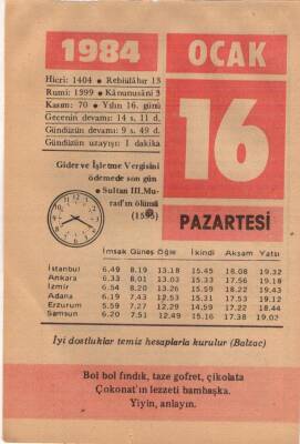 16 Ocak 1984 Takvim Yaprağı EFM(N)4755 - 1