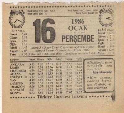 16 Ocak 1986 Takvim Yaprağı EFM(N)5034 - 1