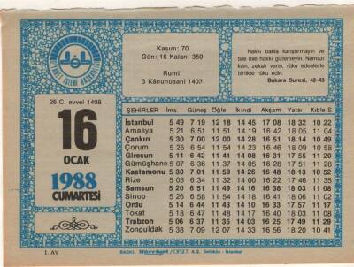 16 Ocak 1988 Takvim Yaprağı EFM(N)4910 - 1