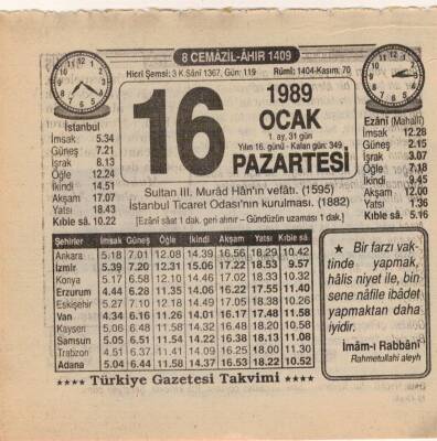 16 Ocak 1989 Takvim Yaprağı EFM(N)4724 - 1