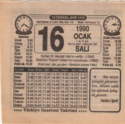 16 Ocak 1990 Takvim Yaprağı EFM(N)4693 - 1