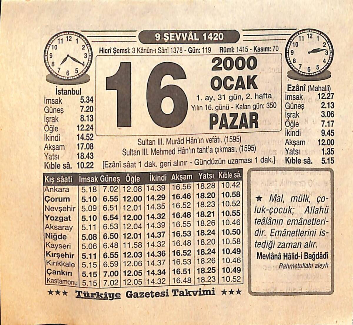 16 Ocak 2000 Takvim Yaprağı - Doğum Günü Hediyesi EFM(N)13202 - 1