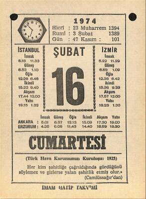 16 Şubat 1974 Takvim Yaprağı - Doğum Günü Hediyesi EFM(N)12271 - 1