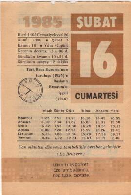 16 Şubat 1985 Takvim Yaprağı EFM(N)5142 - 1