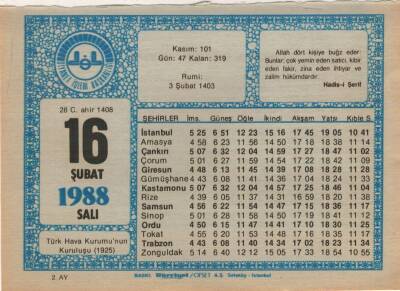 16 Şubat 1988 Takvim Yaprağı EFM(N)5506 - 1