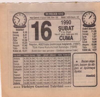 16 Şubat 1990 Takvim Yaprağı EFM(N)5199 - 1