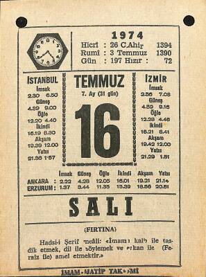 16 Temmuz 1974 Takvim Yaprağı - Doğum Günü Hediyesi EFM(N)12115 - 1