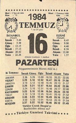 16 Temmuz 1984 Takvim Yaprağı - Doğum Günü Hediyesi EFM(N)11523 - 1