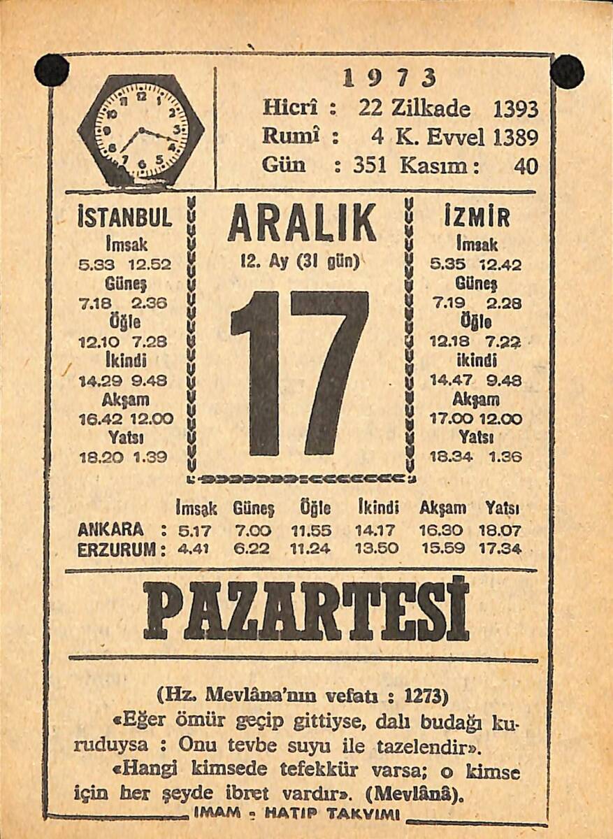 17 Aralık 1973 Takvim Yaprağı - Doğum Günü Hediyesi EFMN13670 - 1