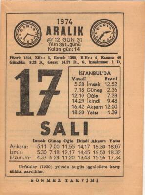 17 Aralık 1974 Takvim Yaprağı EFM(N)4299 - 3