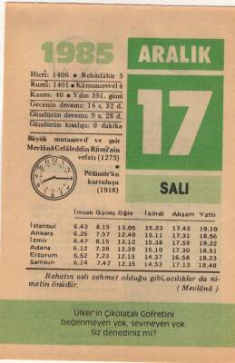 17 Aralık 1985 Takvim Yaprağı EFM(N)4114 - 1