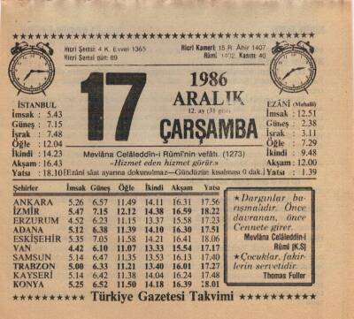 17 Aralık 1986 Takvim Yaprağı EFM(N)4329 - 3