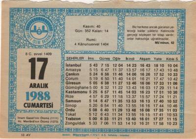 17 Aralık 1988 Takvim Yaprağı EFM(N)4483 - 3