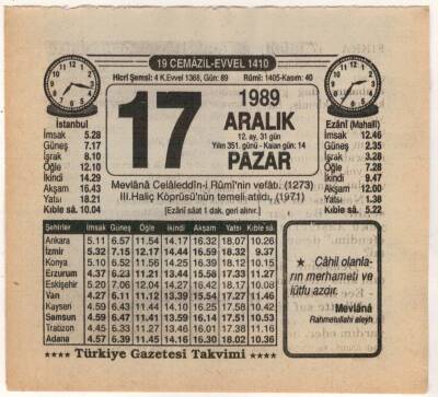 17 Aralık 1989 Takvim Yaprağı EFM(N)4207 - 3