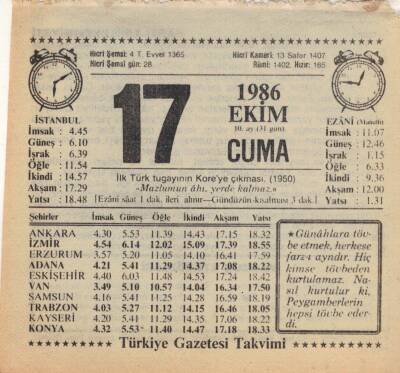 17 Ekim 1986 Takvim Yaprağı EFM(N)3080 - 3