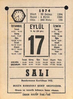 17 Eylül 1974 Takvim Yaprağı - Doğum Günü Hediyesi EFM(N)12356 - 1