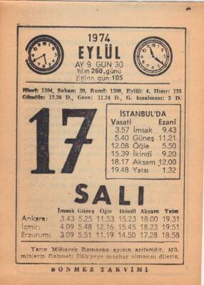 17 Eylül 1974 Takvim Yaprağı EFM(N)2804 - 3