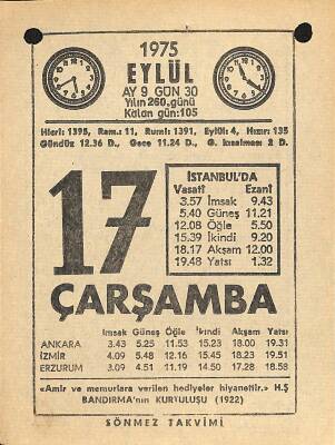 17 Eylül 1975 Takvim Yaprağı - Doğum Günü Hediyesi EFM(N)12529 - 1