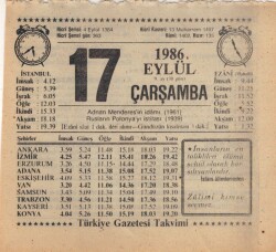 17 Eylül 1986 Takvim Yaprağı EFM(N)2838 - 4