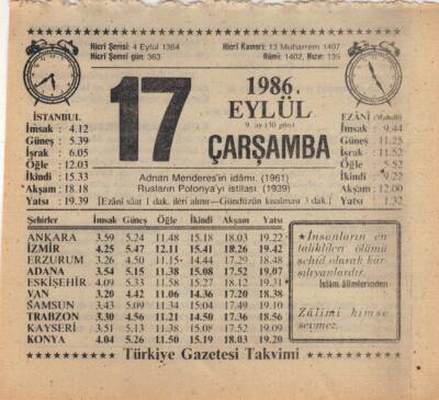 17 Eylül 1986 Takvim Yaprağı EFM(N)2838 - 4