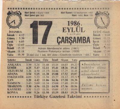 17 Eylül 1986 Takvim Yaprağı EFM(N)2838 - 3